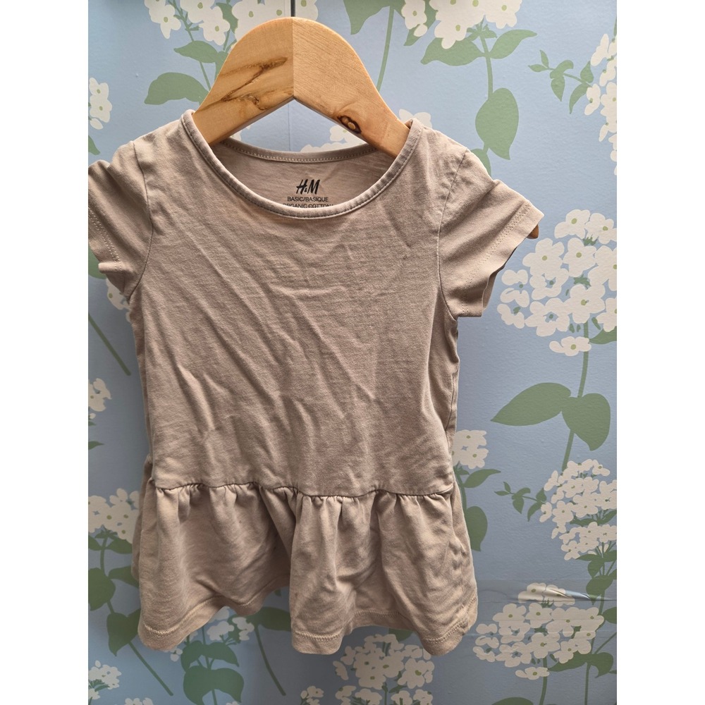 HM Basic Girls Beige Organic Cotton Short Sleeve Peplum Top Size 6-9M